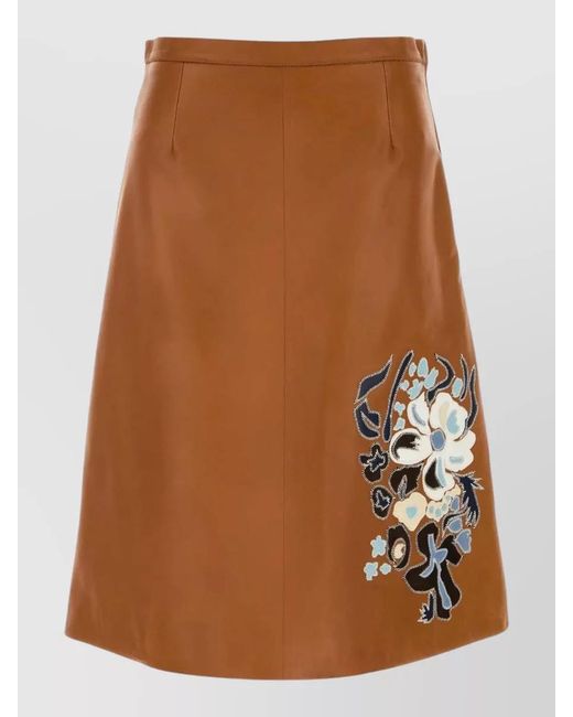Marni Brown Leather Skirt Floral Embroidery Side Pockets