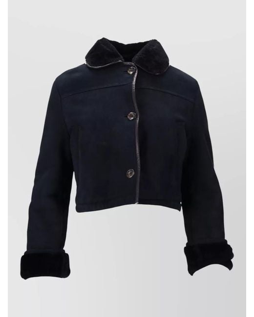LA ROSE Blue Shearling Leather Cropped Jacket Furry Collar