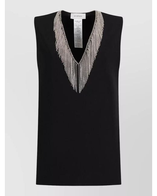 Sportmax Black Sleeveless Top V Neck Rhinestone Beading