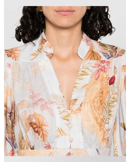 Zimmermann White Linen Floral-Print V-Neck Long-Sleeve Mini Dress