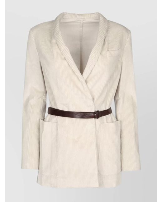 Brunello Cucinelli Natural Waist Belted Jacket With Pockets And Lapel