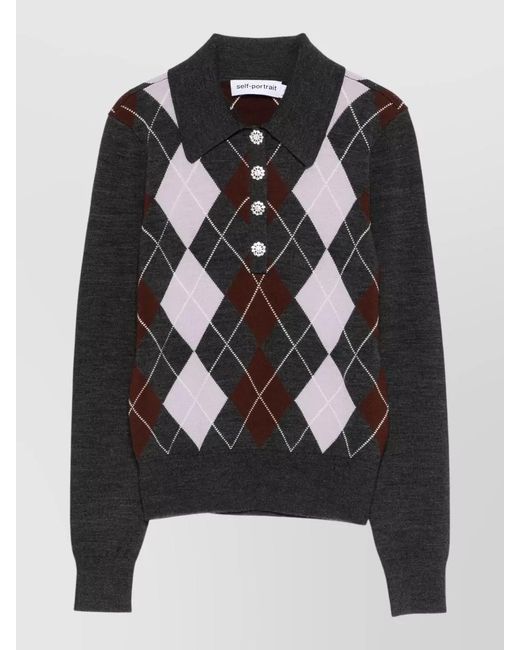 Self-Portrait Black Wool Argyle Long-Sleeve Polo Top