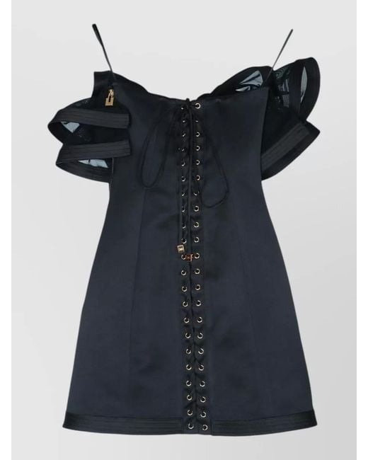Elisabetta Franchi Black Top Ruffled Neckline Eyelet Detail Straps