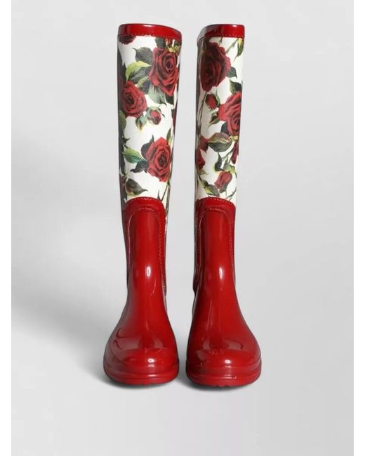 Dolce & Gabbana Red Floral Rubber Knee High Flat Boots