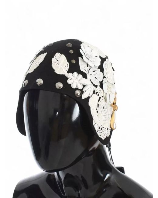 Dolce & Gabbana Black Wool Floral-Embroidered Studded Hat