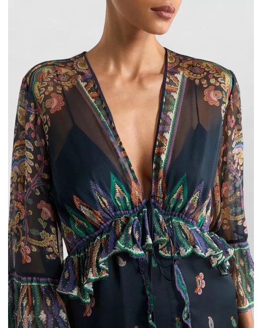 Etro Black Maxi Dress Sheer Sleeves Paisley Flared