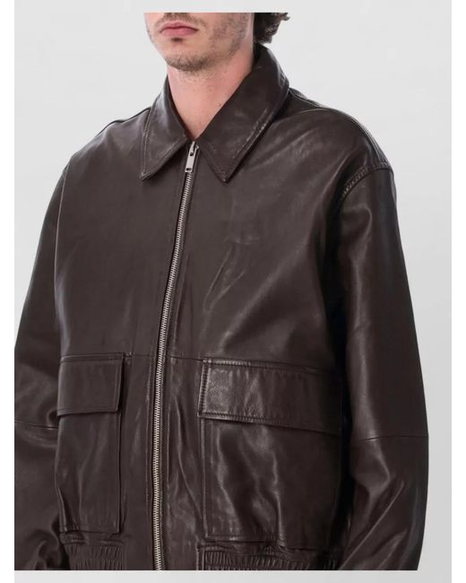 Studio Nicholson Black Leather Bomber Jacket Collared Elastic Hem for men