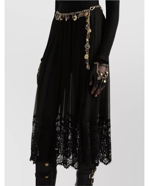 Dolce & Gabbana Black Silk Lace Pleated Midi Skirt