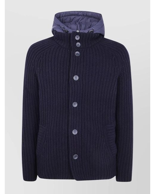 Herno Blue Hooded Knit Jacket Ribbed Texture for men
