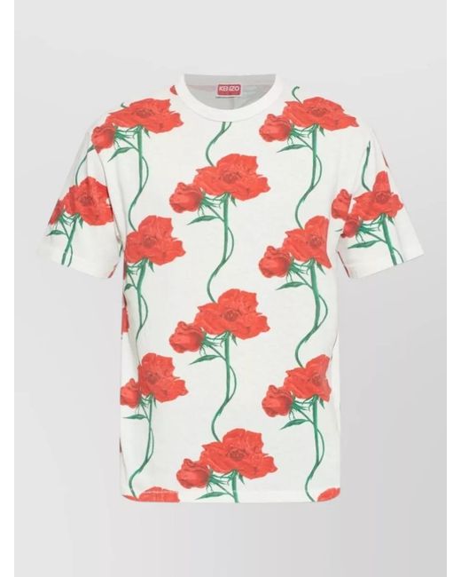KENZO White Silk Floral Short Sleeve Crew Neck T Shirt for men