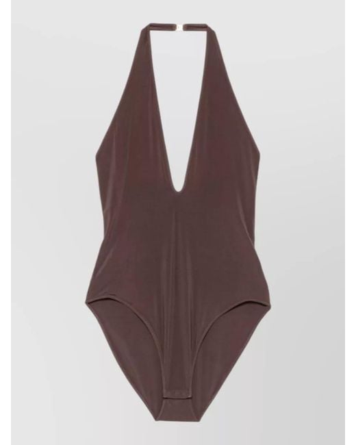 Zimmermann Brown Luna Halter Swimsuit Deep V High Cut