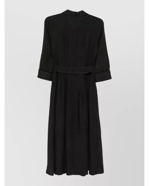 120% Lino Black Linen Dress Belted Waist Side Pockets