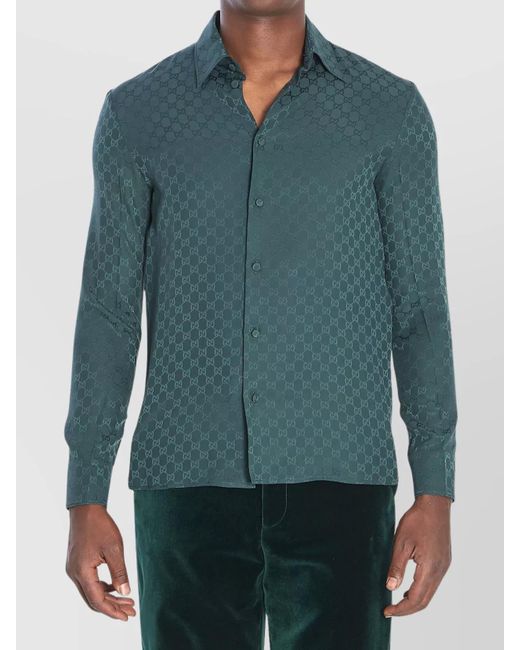 Gucci Men's Green Silk Jacquard Long Sleeve Shirt Gucci Men's Green Silk Jacquard Long Sleeve Shirt