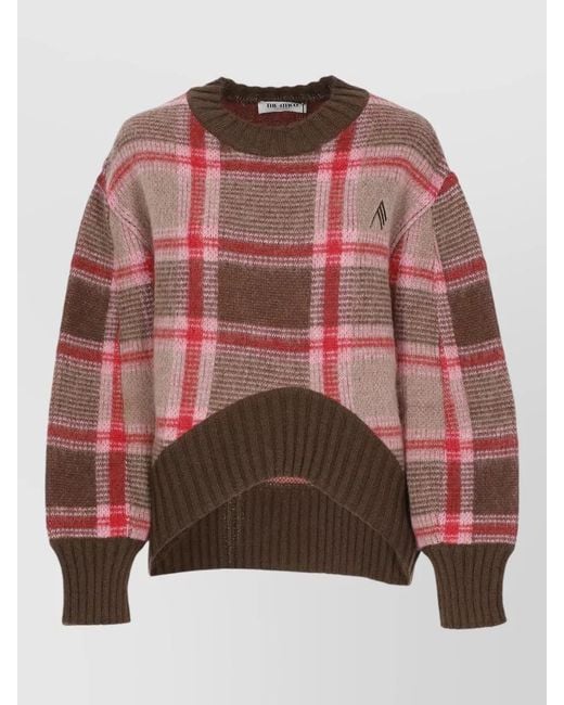 The Attico Red Check Crew Neck Cropped Jersey Top