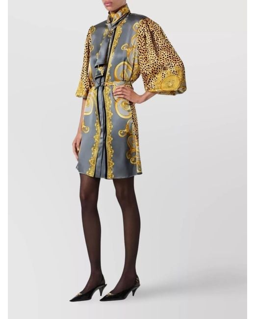 Versace Blue Silk Printed Long-Sleeve Mini Dress