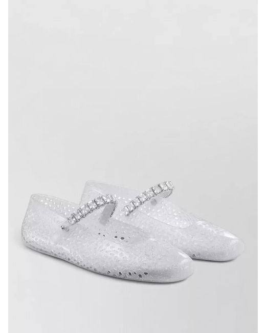 Jimmy Choo White Jelly Ballet Flats Square Toe Rhinestones