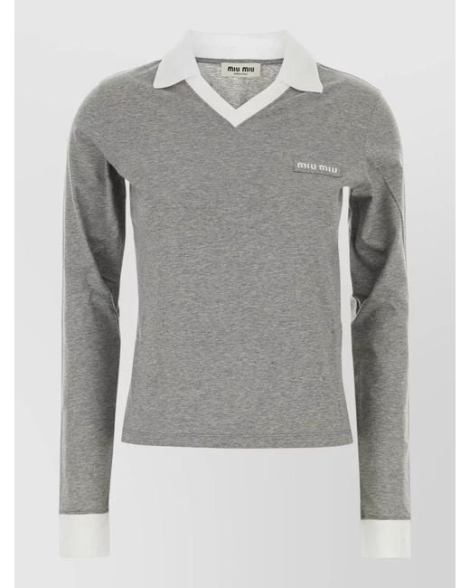 Miu Miu Gray Cotton Polo Shirt Long Sleeves Contrast Collar