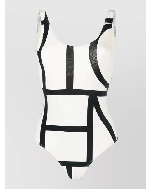 Totême White Swimsuit Geometric Pattern High Cut Scoop