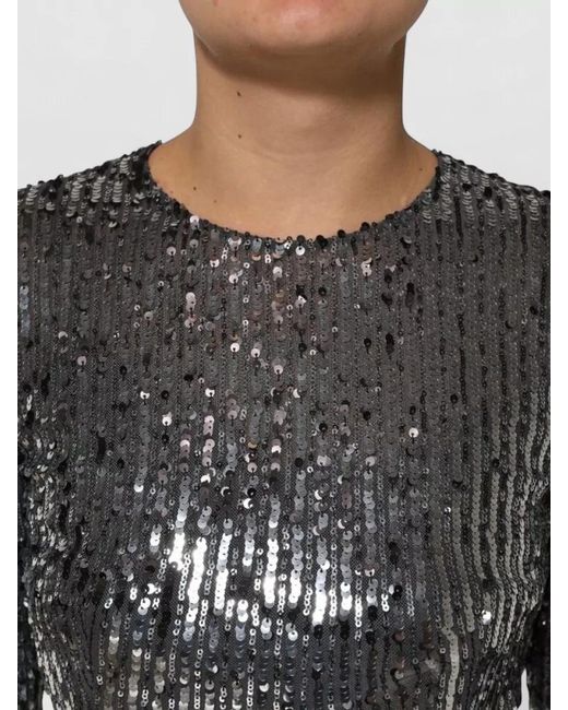 Dolce & Gabbana Gray Sequin Long-Sleeve Round-Neck Midi Dress