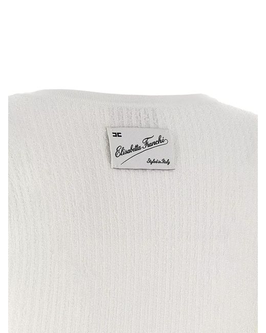 Elisabetta Franchi White Knit Dress Long Sleeves Pleated Round Neck