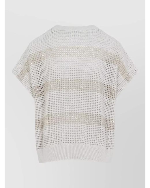 Brunello Cucinelli White Knit Top Short Sleeves Round Neck Striped