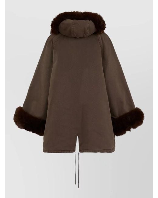 Pinko Brown Hooded Jacket Loose Fit Faux Fur