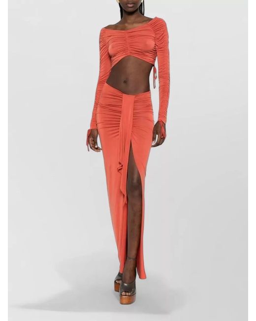Balmain Red Long Sleeve Cropped Maxi Dress Cutout Slit