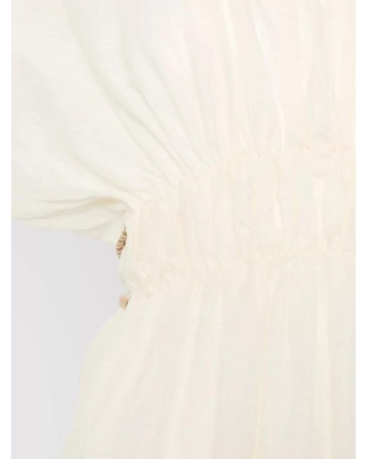 120% Lino White Linen Maxi Dress Elastic Waist V Neckline