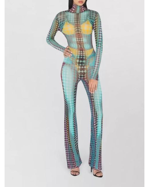 Jean Paul Gaultier Blue Printed Mesh High-Neck Long-Sleeve Top