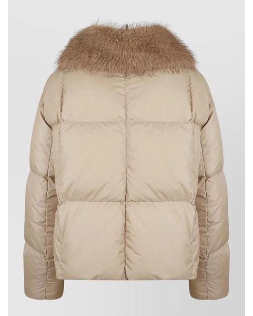 Herno Natural Short Down Jacket With Faux Fur Collar And Horizontal Quilting