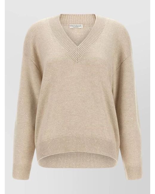 Brunello Cucinelli Natural Diamante Cashmere Silk Sequin Knit Sweater
