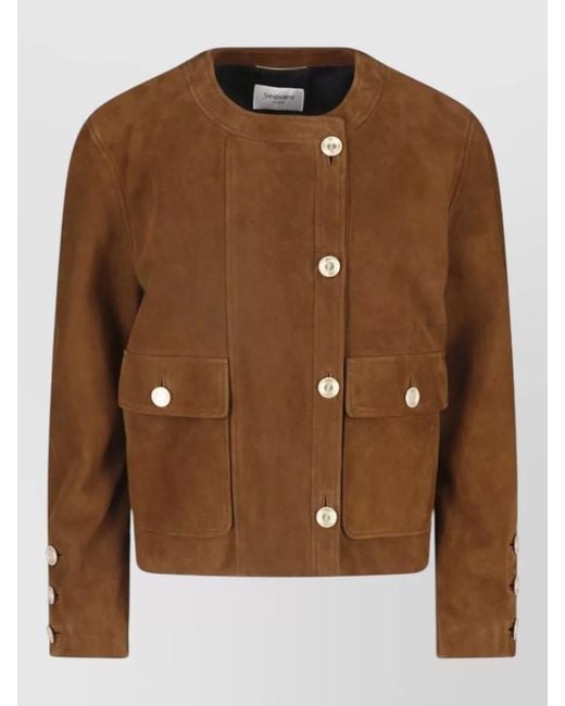 Saint Laurent Brown Cropped Suede Coat Button Detail Tailoring