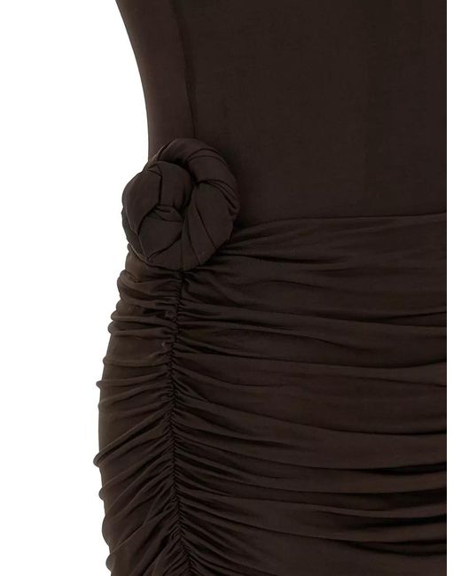 ROTATE BIRGER CHRISTENSEN Black Dress Short Sleeves Round Neckline Ruching Flower