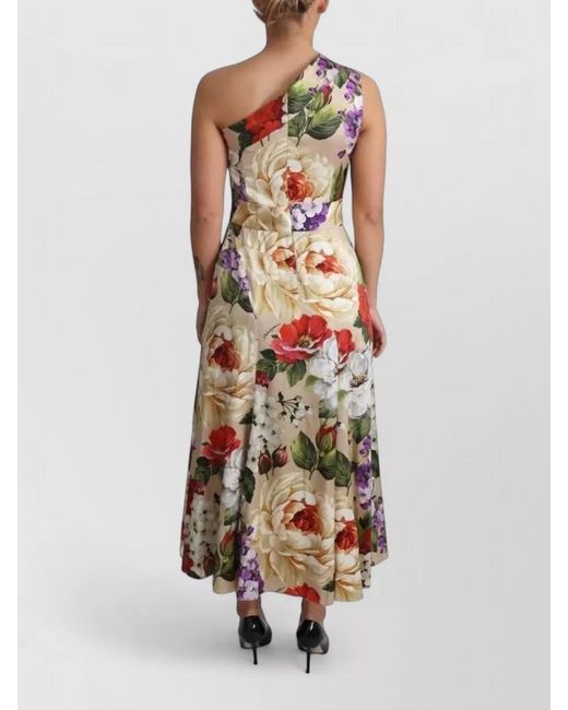 Dolce & Gabbana White Silk One-Shoulder Floral-Print Maxi Dress