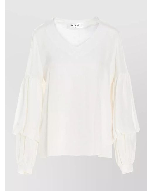 DI.LA3 PARI' White Silk Shirt Puff Sleeves V Neckline