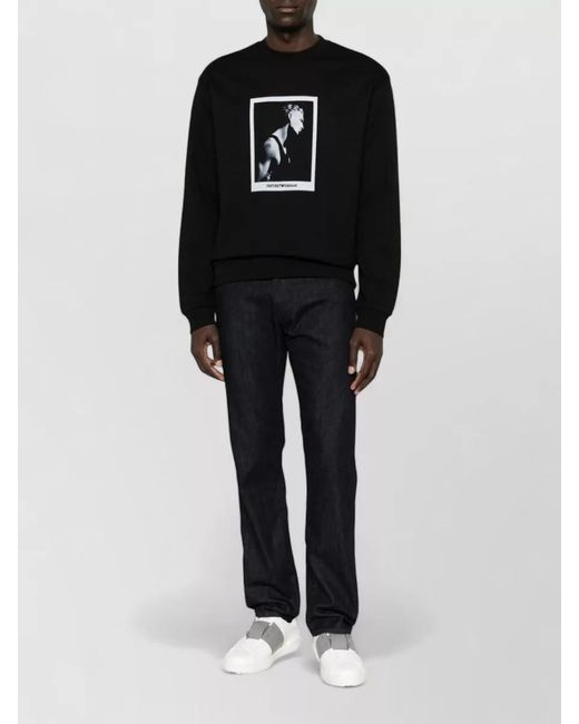 Emporio Armani Black Printed Cotton Crew Neck Sweatshirt for men
