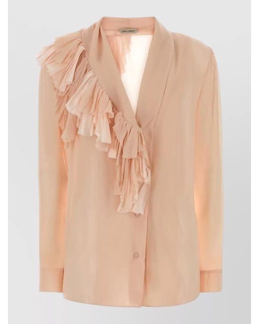 Alberta Ferretti Natural Silk Shirt Shawl Collar Ruffles Cuffs