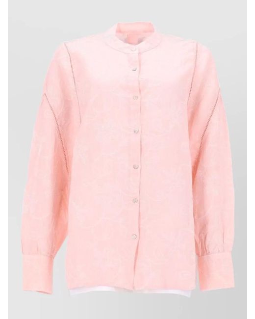 120% Lino Pink Linen Shirt Embroidered Design Long Sleeves