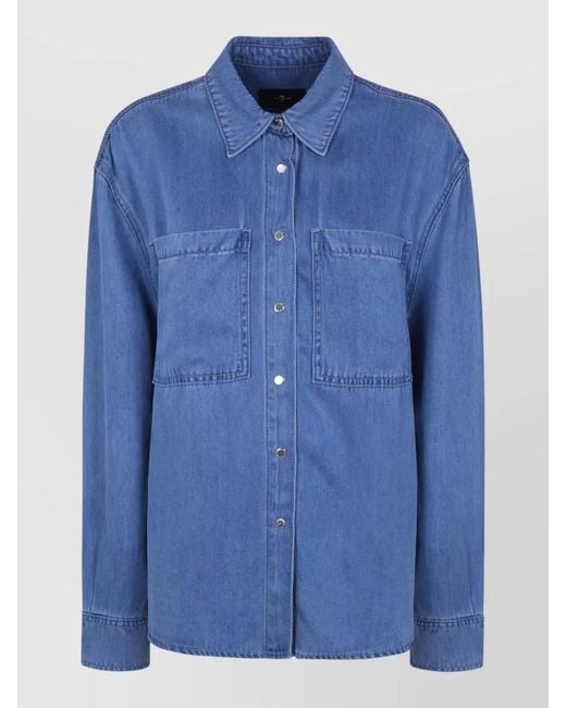 7 For All Mankind Blue Lyocell Shirt Long Sleeves Collared Chest Pockets