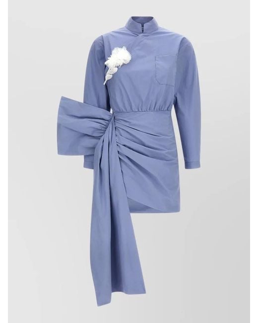 Self-Portrait Blue Cotton Tie Side Mini Dress Long Sleeves