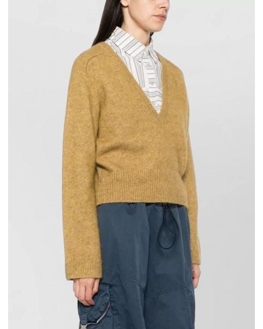 Ganni Natural Cropped V Neck Long Sleeve Top