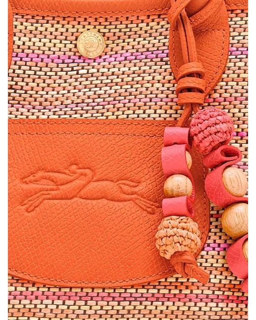 Longchamp Orange Raffia Effect Canvas Tote Bag