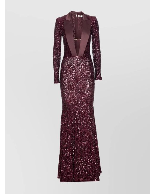 Elisabetta Franchi Purple Sequins V-Neck Floor-Length Dress With Long Sleeves