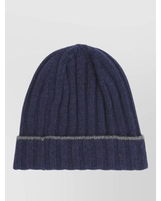 Brunello Cucinelli Blue Cashmere Beanie Ribbed Cuff Stripe Detail for men