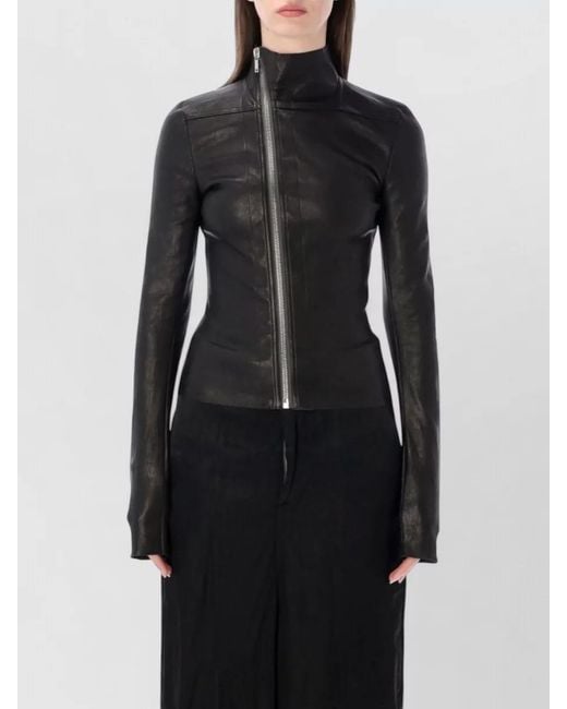Rick Owens Black Leather High-Neck Asymmetric-Zip Long-Sleeve Jacket
