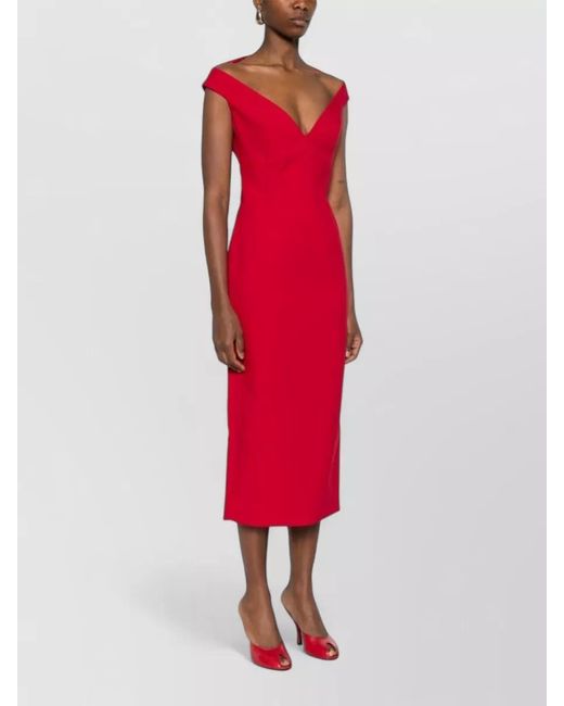 Solace London Red Midi Dress Off Shoulder V Neckline