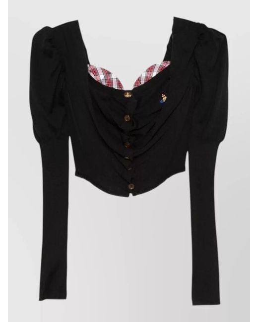 Vivienne Westwood Black Silk Wool Ruched Square Neck Long Sleeve Blouse