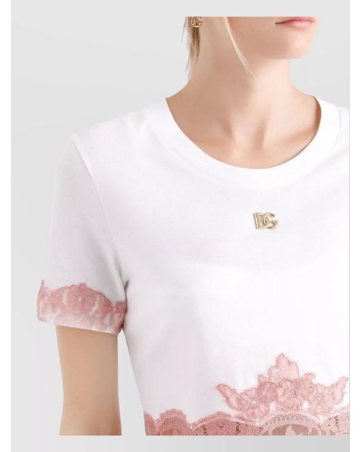 Dolce & Gabbana Pink Cropped T-Shirt With Lace Trim And Logo