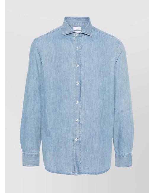 Brunello Cucinelli Blue Denim Short-Sleeve Shirt for men