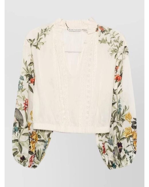 Alice + Olivia Natural Cassie Cropped Blouse Bohemian Floral Lace